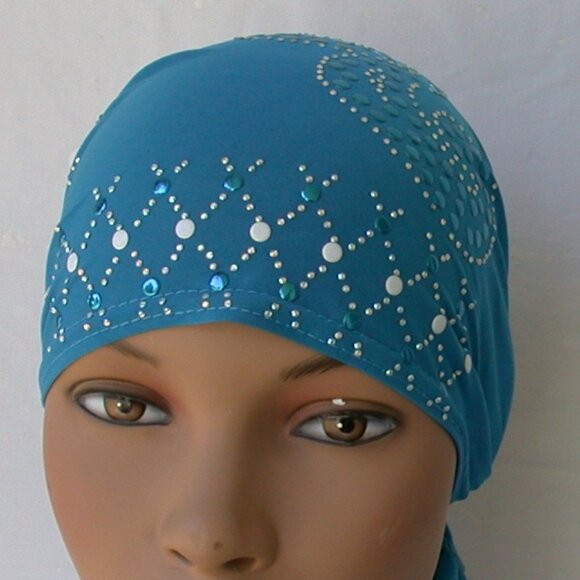Turquoise Pre-Tied Stud Fashion Cap Slip On Bonnet Hijab Undercap  #5 - Picture 2 of 3
